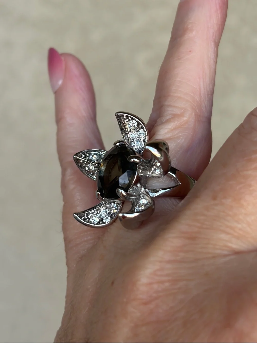 Camille Lucie Silver Flower Cocktail Ring with Smoky Crystal Center